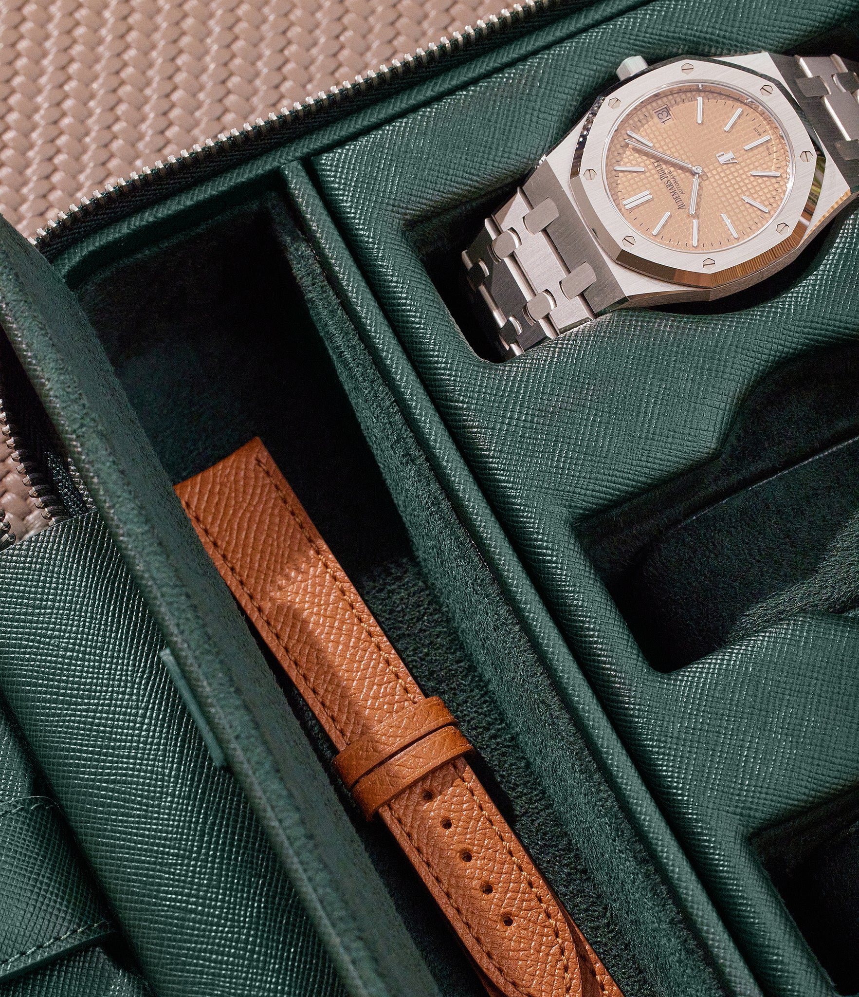London, six-watch box with compartment, emerald, saffiano leather | Buy at A Collected Man London