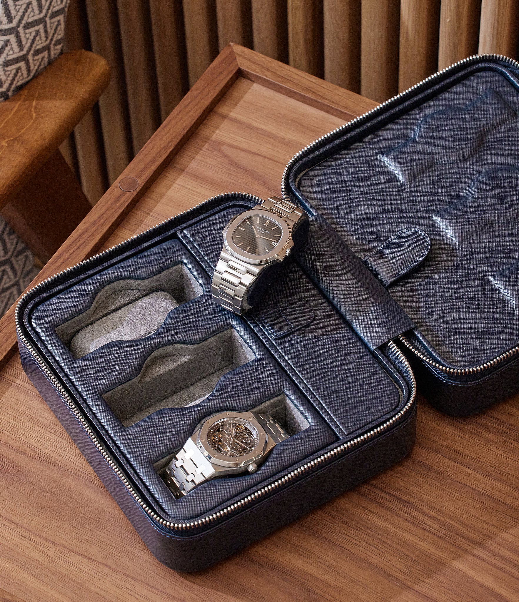 London, six-watch box with compartment, midnight blue, saffiano leather | Buy at A Collected Man London