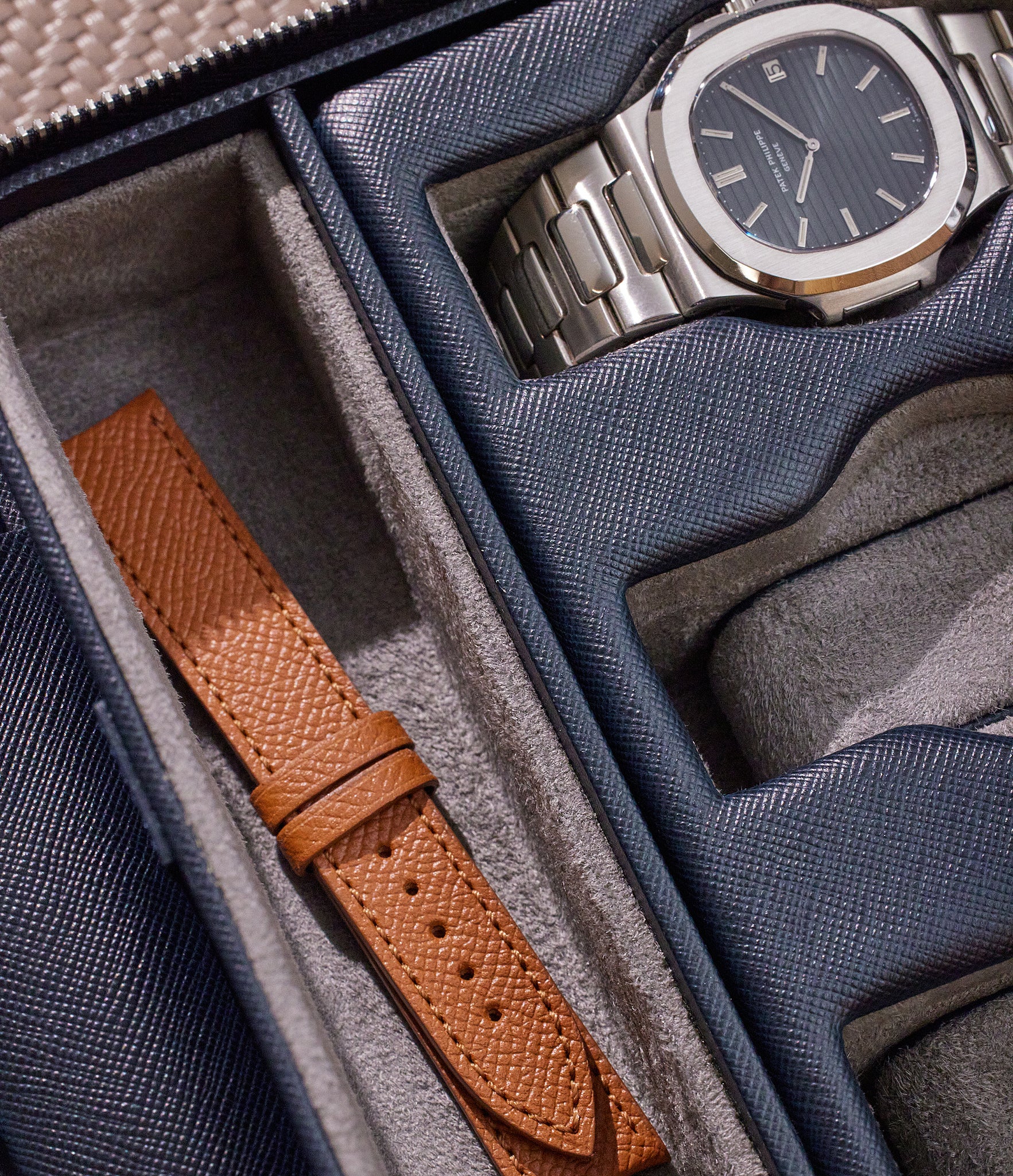 London, six-watch box with compartment, midnight blue, saffiano leather | Buy at A Collected Man London