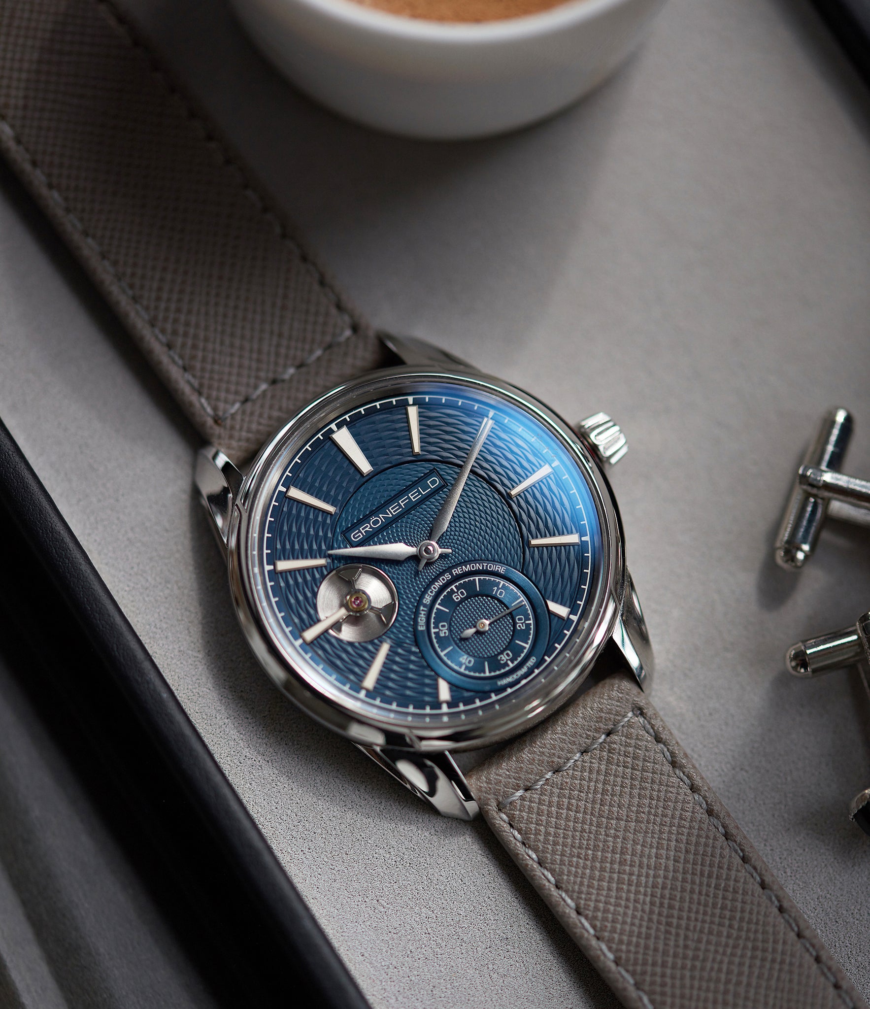 Buy saffiano quality watch strap in polished taupe taupe from A Collected Man London, in short or regular lengths. We are proud to offer these hand-crafted watch straps, thoughtfully made in Europe, to suit your watch. Available to order online for worldwide delivery.
