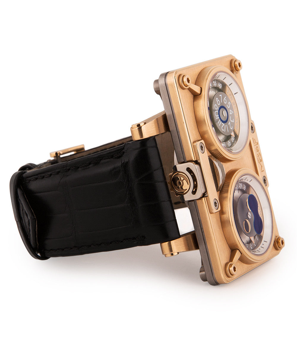MB&F Horological Machine 2 20.DRRTL.R 18-carat rose gold automatic Cal. Sowind base authentic pre-owned rare luxury watch from  with black dial and brown stitched alligator strap with moonphase, date, jumping hour, center seconds