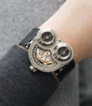 on the wrist MB&F Sidewinder Horological Machine HM3 white gold watch by independent watchmaker Max Busser Wiederrecht for sale online at A Collected Man London UK specialist of rare watches