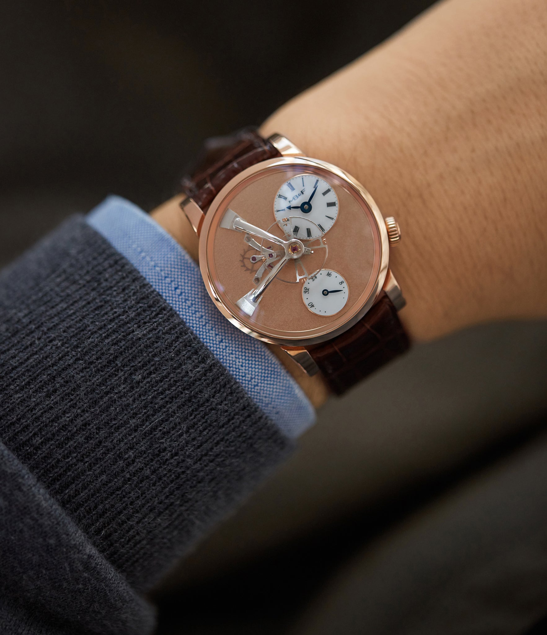 on the wrist MB&F Legacy Machine LM101 Limited Edition rose gold watch by Max Busser and Voutilainen for sale online at A Collected Man London UK specialist of rare, independent watchmakers