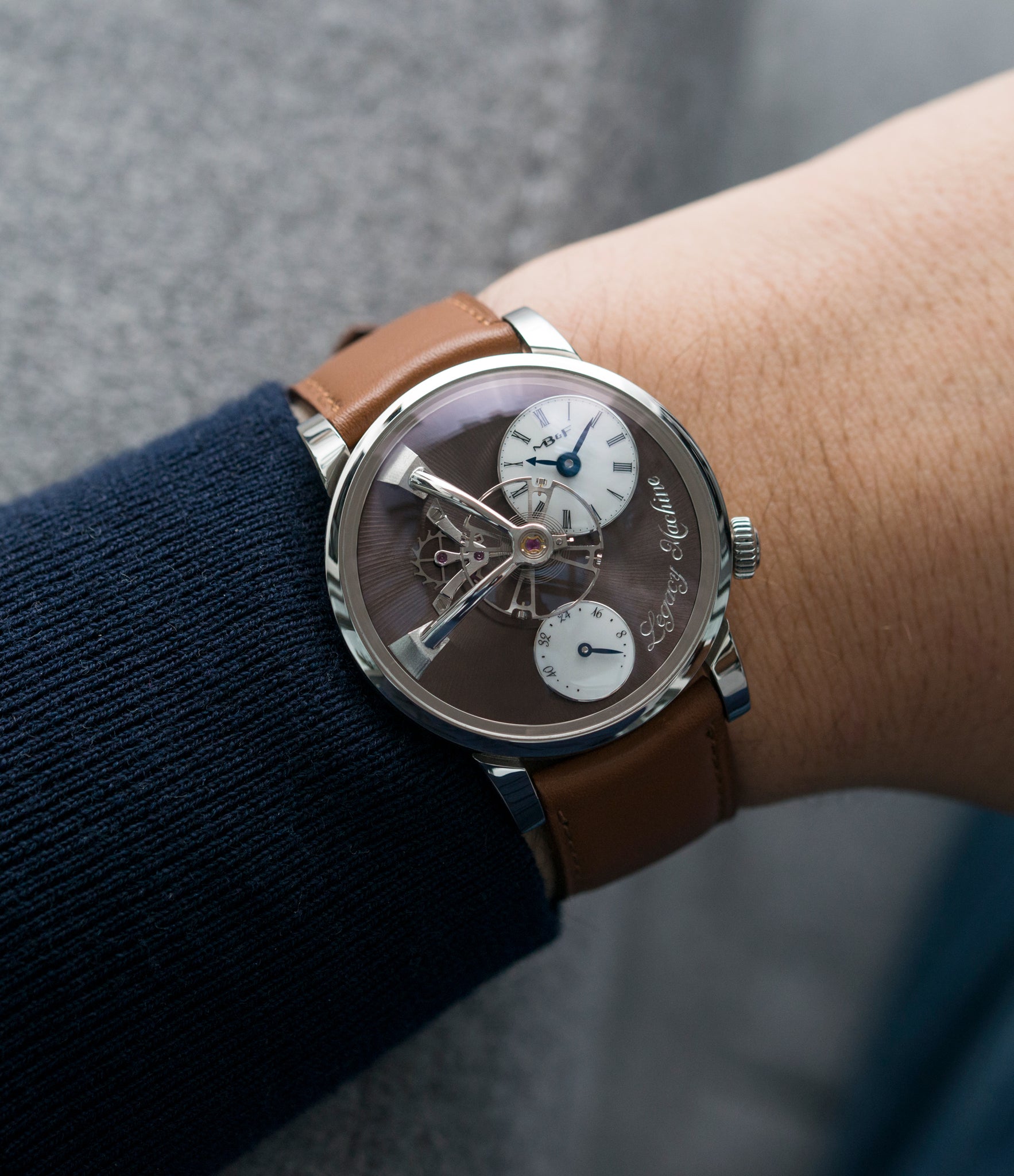 on the wrist MB&F LM101 Limited Edition for Hodinkee steel watch online at A Collected Man London recommended retailer of independent watchmakers
