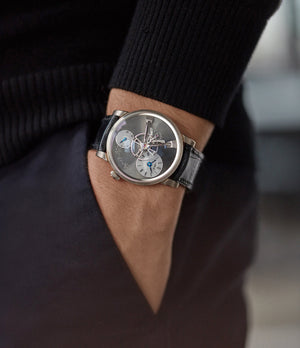 shop pre-owned MB&F Kari Voutilainen Legacy Machine LM101 grey dial time-only independent watchmaker for sale online A Collected Man London