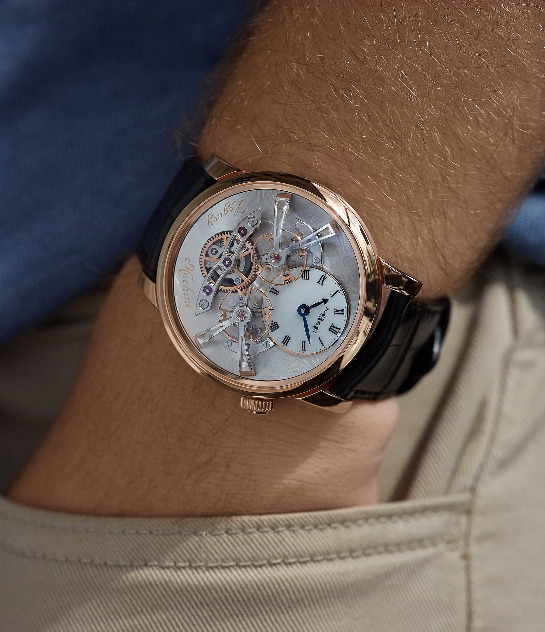 on the wrist MB&F Legacy Machine LM2 rose gold double flying balance watch by independent watchmaker Max Busser for sale online at A Collected Man London