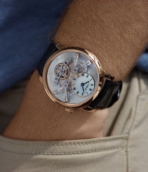 on the wrist MB&F Legacy Machine LM2 rose gold double flying balance watch by independent watchmaker Max Busser for sale online at A Collected Man London