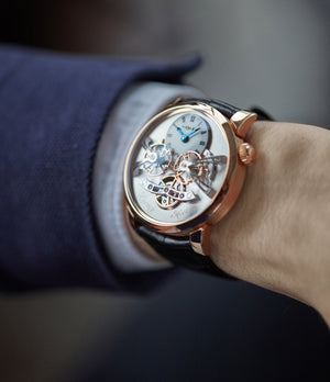 hands-on MB&F Legacy Machine LM2 rose gold double flying balance watch by independent watchmaker Max Busser for sale online at A Collected Man London