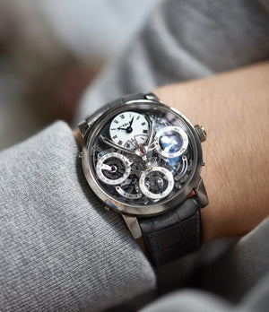 on the wrist MB&F Legacy Machine 3 Perpetual Calendar white gold rare pre-owned watch by independent watchmaker for sale online at A Collected Man London UK approved seller of independent watchmakers