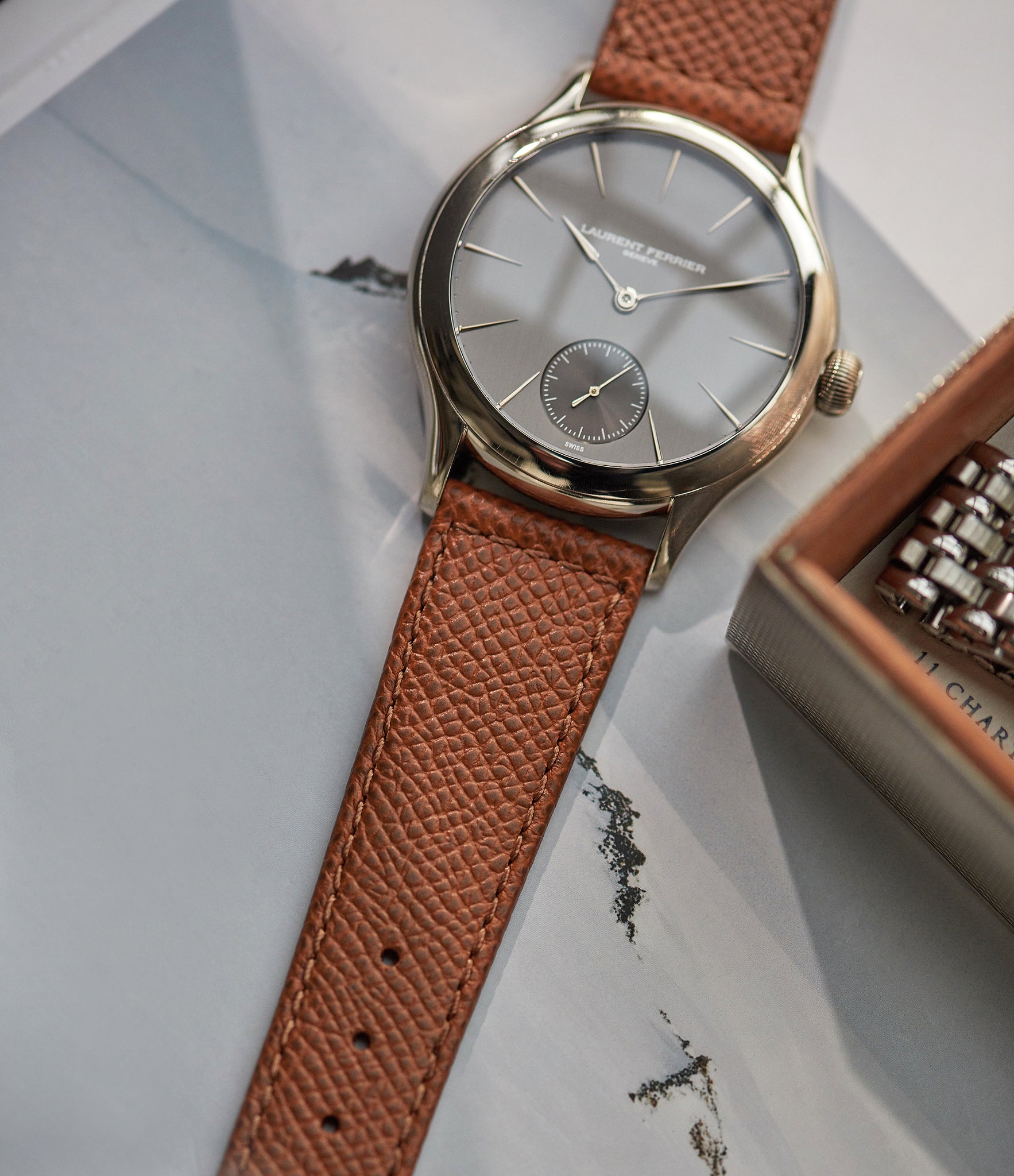 Order Marrakesh II JPM watch strap Laurent Ferrier safari tan brown saffiano leather box stitched quick-release springbars buckle handcrafted European-made for sale online at A Collected Man London