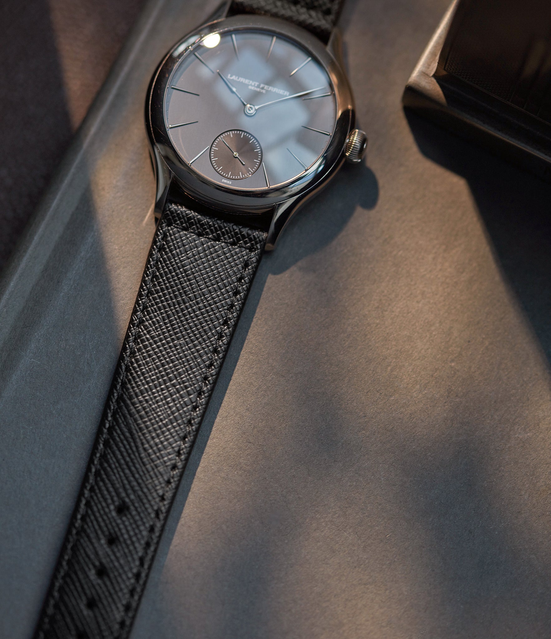 Buy saffiano quality watch strap in raven black black from A Collected Man London, in short or regular lengths. We are proud to offer these hand-crafted watch straps, thoughtfully made in Europe, to suit your watch. Available to order online for worldwide delivery.