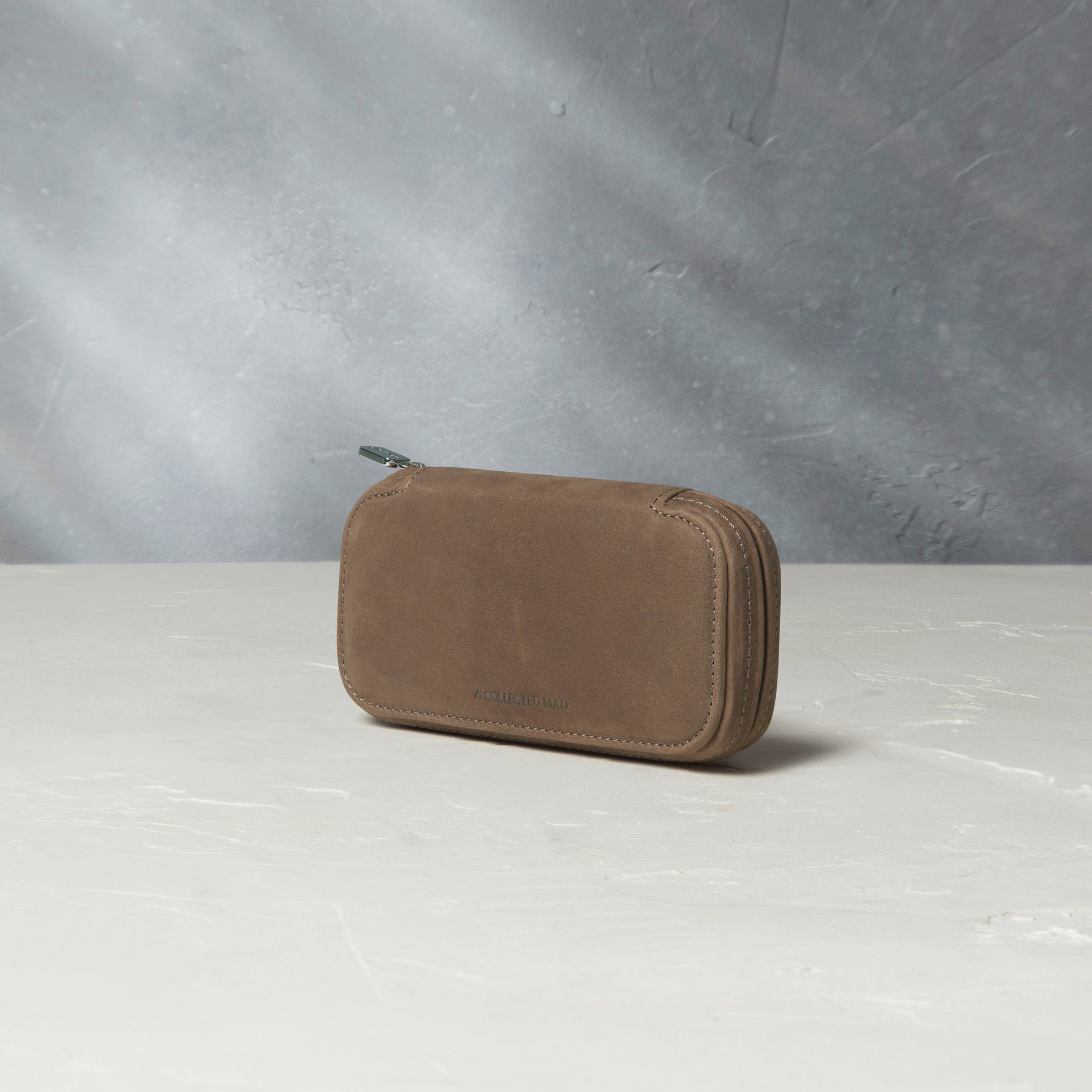 Watch Case | Two-watch slim pouch in brown taupe nubuck leather | A Collected Man | Available World Wide