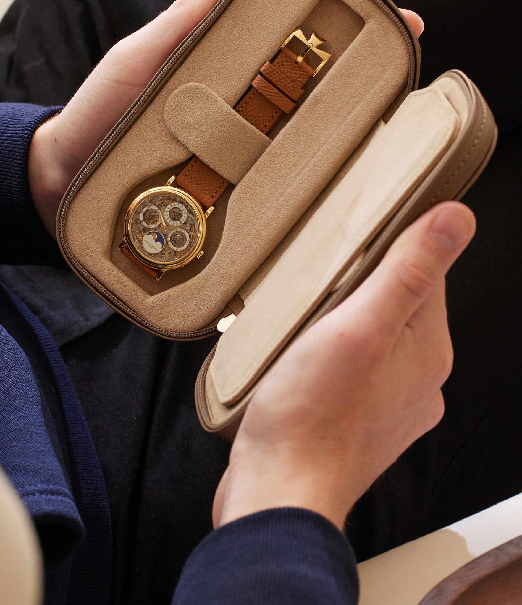 Watch Case Two-watch slim pouch in desert taupe Saffiano leather  | A Collected Man | Available World Wide