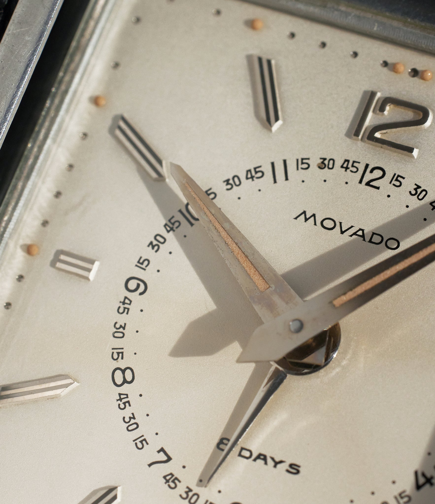 Close up photo of dial on vintage Movado Ermeto Pullman Travel Clock available to buy at A Collected Ma