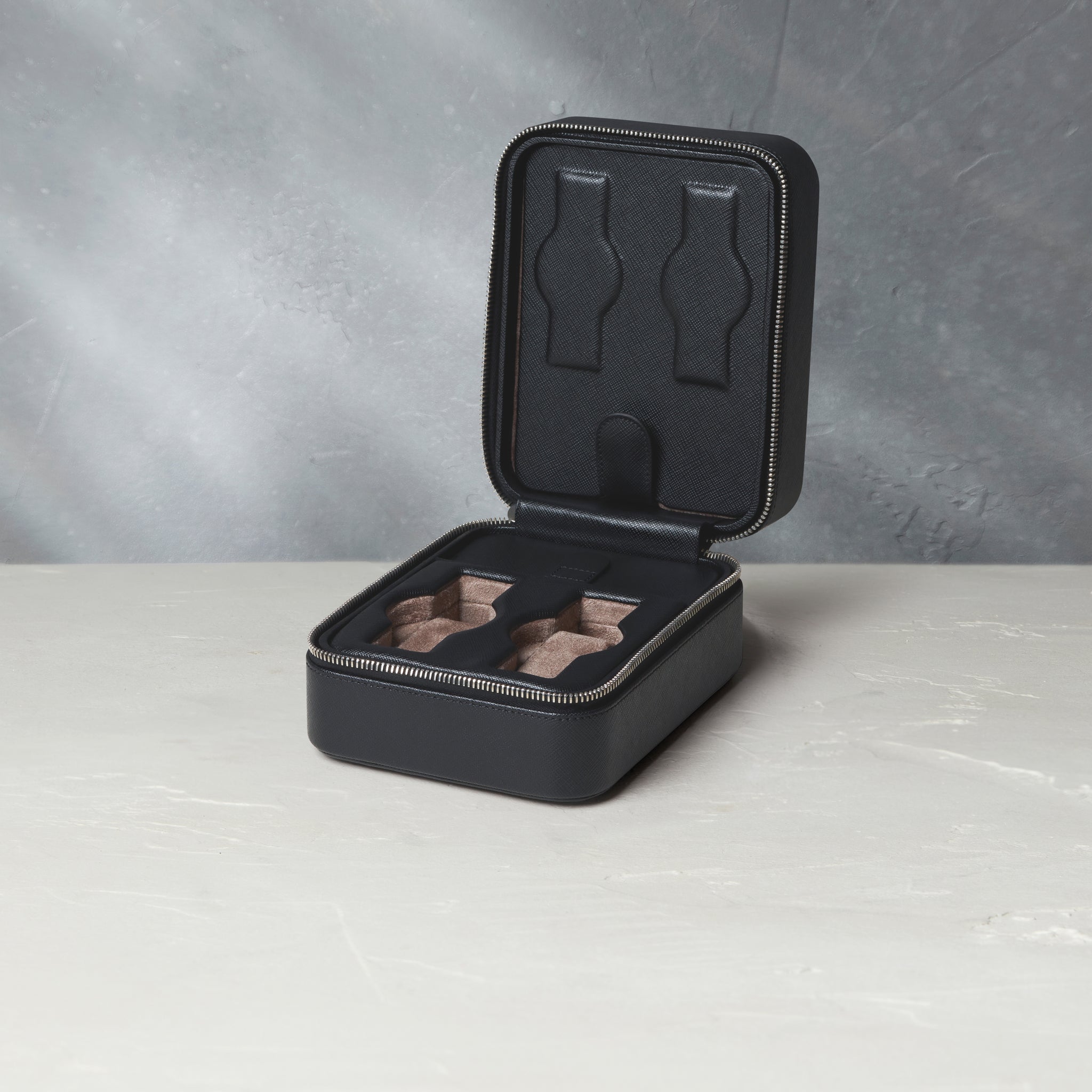 New York, four-watch box with compartment, black, saffiano leather | Buy at A Collected Man | Available Worldwide