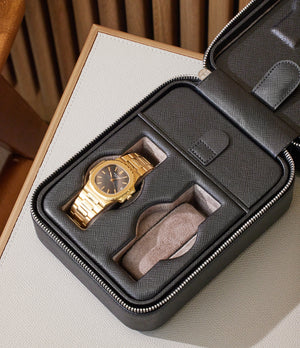 New York, four-watch box with compartment, black, saffiano leather | Buy at A Collected Man London