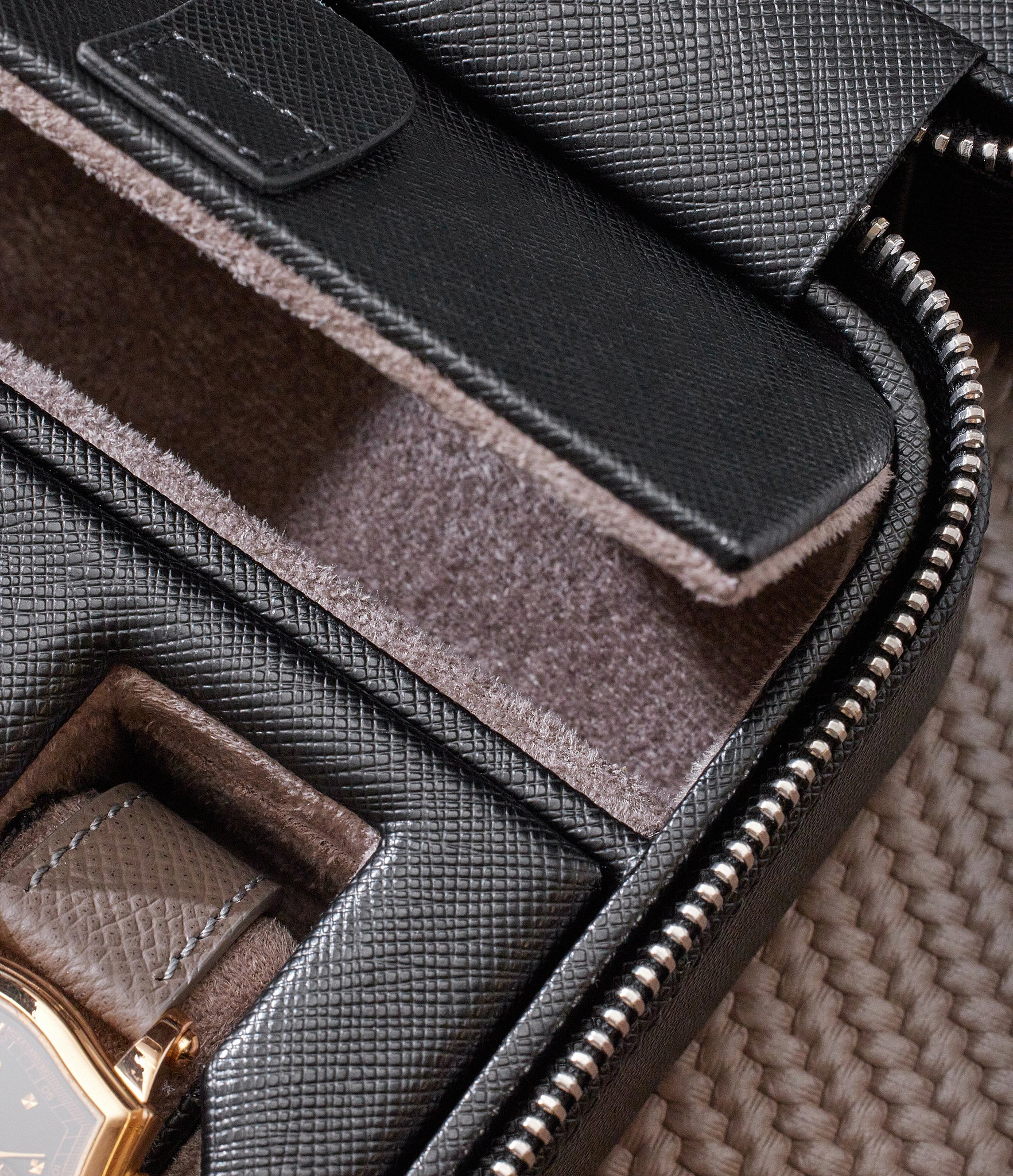 New York, four-watch box with compartment, black, saffiano leather | Buy at A Collected Man London