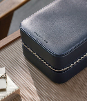 New York, four-watch box with compartment, midnight blue, saffiano leather | Buy at A Collected Man London
