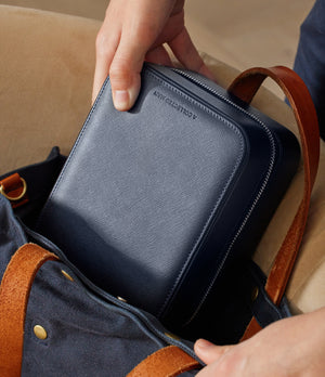 New York, four-watch box with compartment, midnight blue, saffiano leather | Buy at A Collected Man London