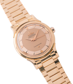 buying vintage Omega Constellation De Luxe 2799 yellow gold rare dress watch for sale online at A Collected Man London UK specialist of rare vintage watches