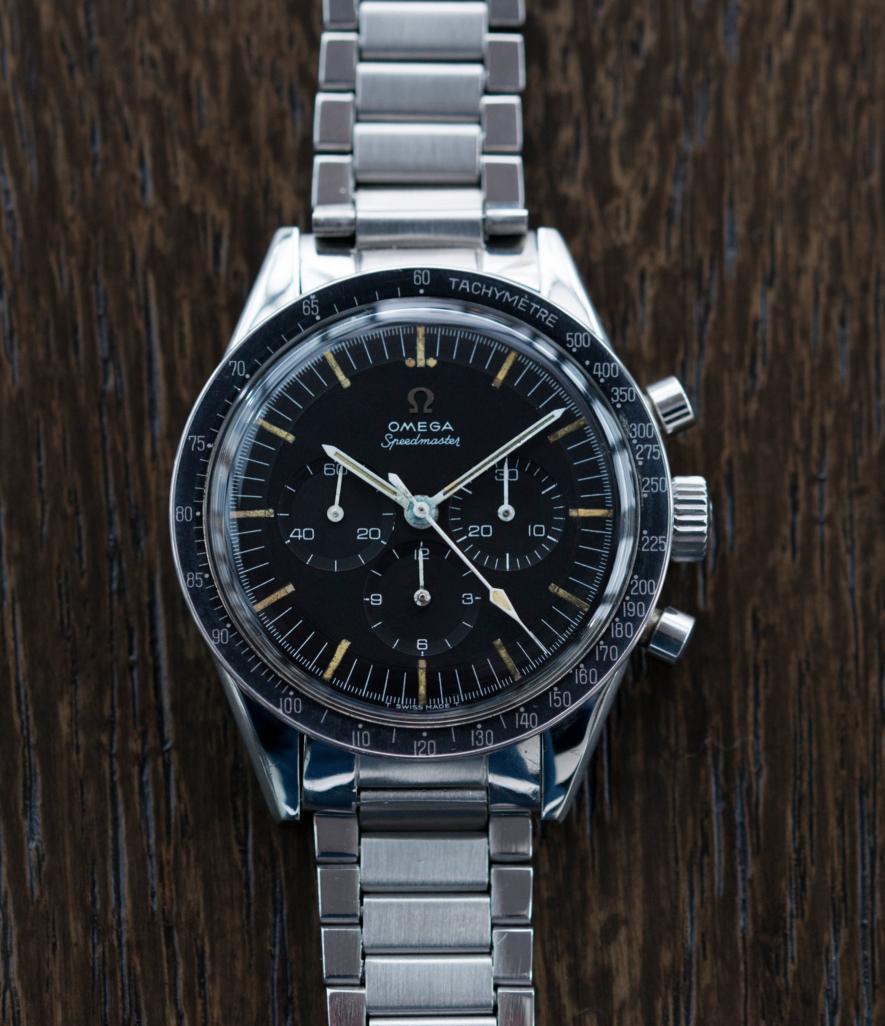 buying vintage Omega Speedmaster Pre-Professional Ed White 105003 steel vintage chronograph 7912 flat-link bracelet for sale online at A Collected Man UK specialist of rare vintage watches