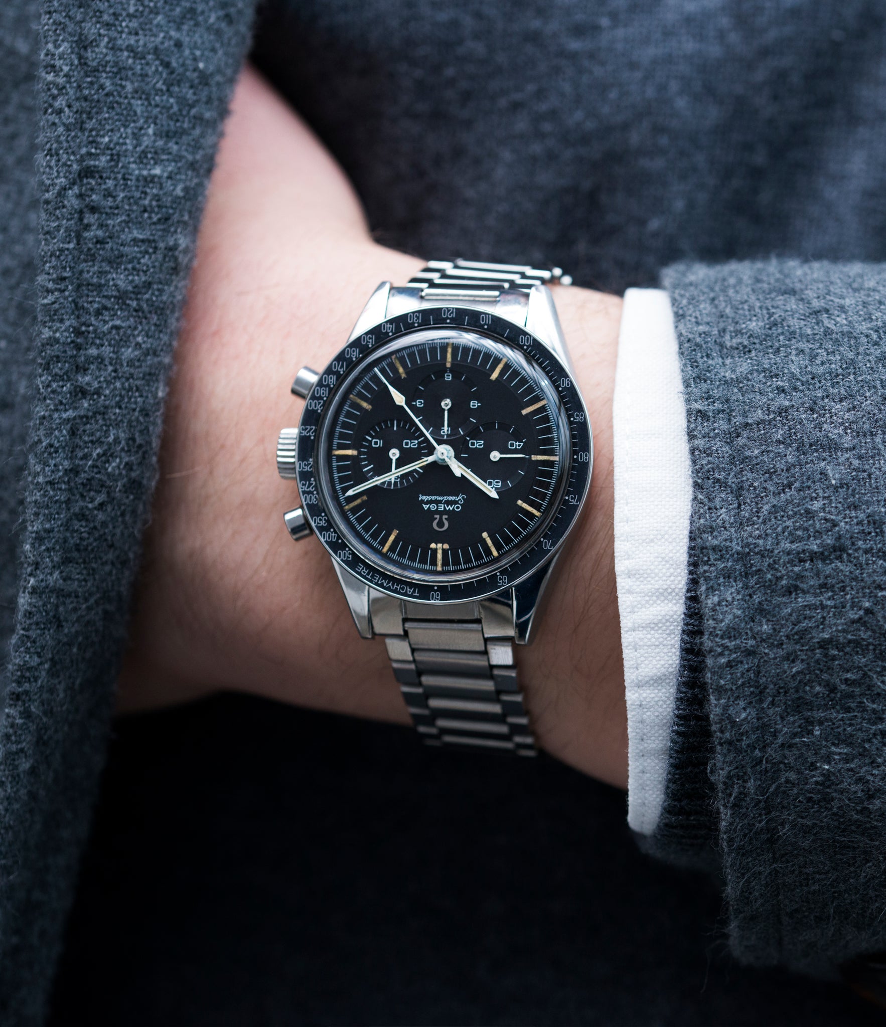 men's cool vintage watch Omega chronograph Speedmaster Pre-Professional Ed White 105.003 steel vintage chronograph 7912 flat-link bracelet for sale online at A Collected Man UK specialist of rare vintage watches