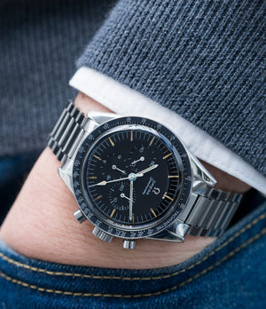 vintage chronograph Speedmaster 105.003 Pre-Professional Ed White Omega steel 7912 flat-link bracelet for sale online at A Collected Man UK specialist of rare vintage watches