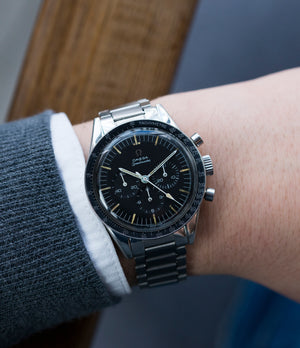 on the wrist Omega Speedmaster Pre-Professional Ed White 105003 steel vintage chronograph 7912 flat-link bracelet for sale online at A Collected Man UK specialist of rare vintage watches