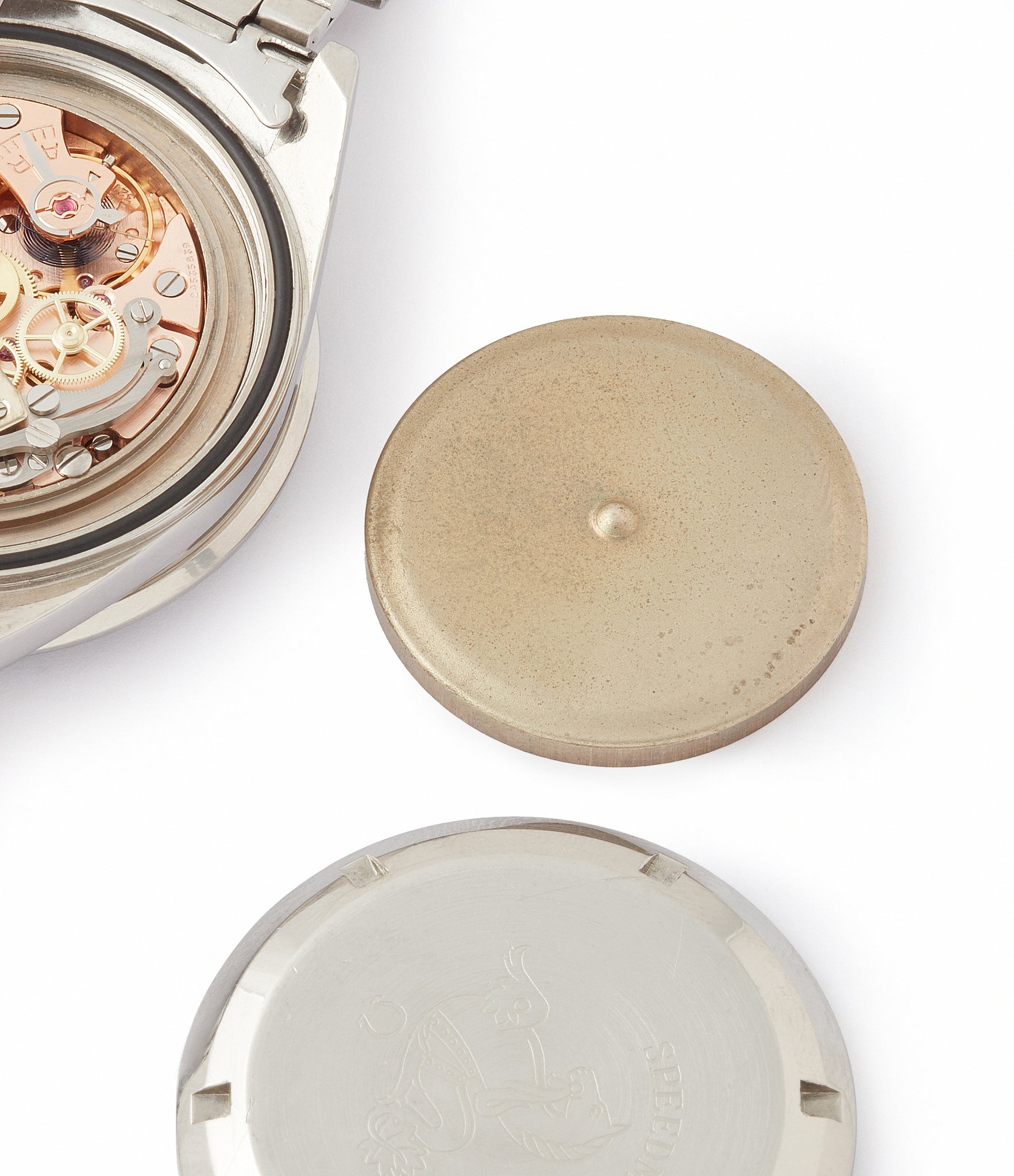 inner caseback Speedmaster pre-professional Ed White Omega 105.003-65 steel chronograph sports watch online at A Collected Man London