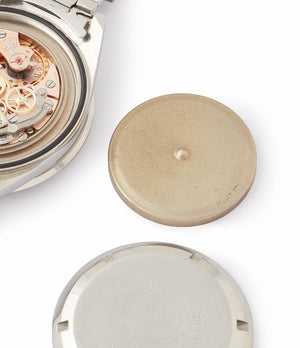 inner caseback Speedmaster pre-professional Ed White Omega 105.003-65 steel chronograph sports watch online at A Collected Man London