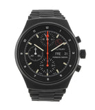 Orfina Porsche design military chronograph 7177 M stainless steel automatic Cal. Lemania 5100 vintage authentic pre-owned military, sport luxury watch from brand new with black dial and black-coated stainless steel bracelet with date, weekday, 24 hour display, chronograph, hours, minutes, sub-seconds