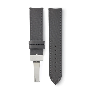 Selling 20mm x 19mm Hong Kong Molequin curved watch strap Saffiano grey calfskin leather quick-release springbars buckle handcrafted European-made for sale online at A Collected Man London