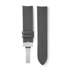 Buy saffiano quality watch strap in smoky quartz grey from A Collected Man London, in short or regular lengths. We are proud to offer these hand-crafted watch straps, thoughtfully made in Europe, to suit your watch. Available to order online for worldwide delivery.