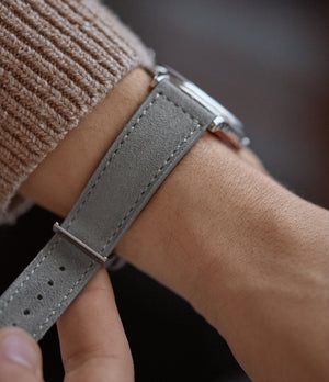 Buy suede quality watch strap in misty dove grey from A Collected Man London, in short or regular lengths. We are proud to offer these hand-crafted watch straps, thoughtfully made in Europe, to suit your watch. Available to order online for worldwide delivery.