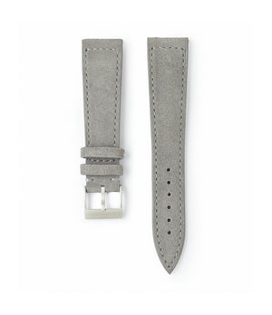 Buy suede quality watch strap in misty dove grey from A Collected Man London, in short or regular lengths. We are proud to offer these hand-crafted watch straps, thoughtfully made in Europe, to suit your watch. Available to order online for worldwide delivery.