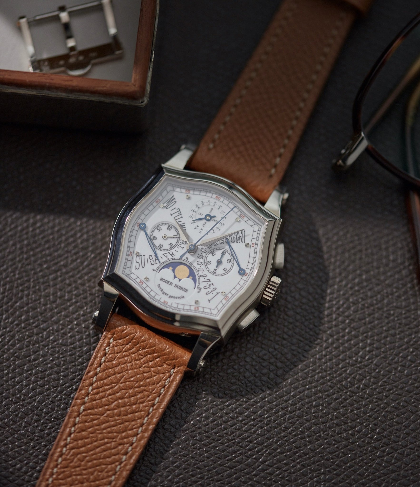Order Paris Molequin watch strap Roger Dubuis grained tan calfskin leather quick-release springbars buckle handcrafted European-made for sale online at A Collected Man London