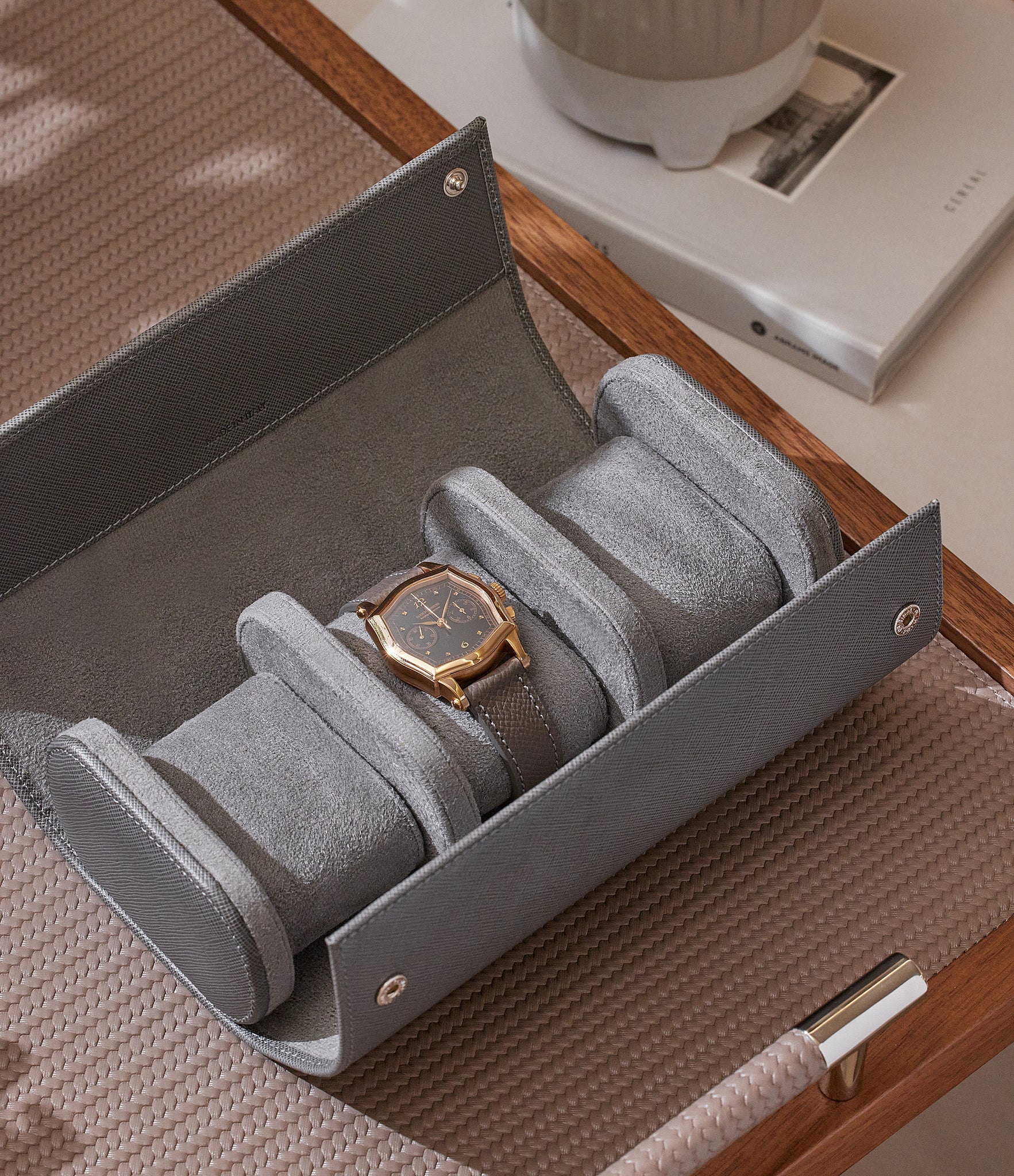 Paris, three-watch roll, lava grey, saffiano leather | Buy at A Collected Man London