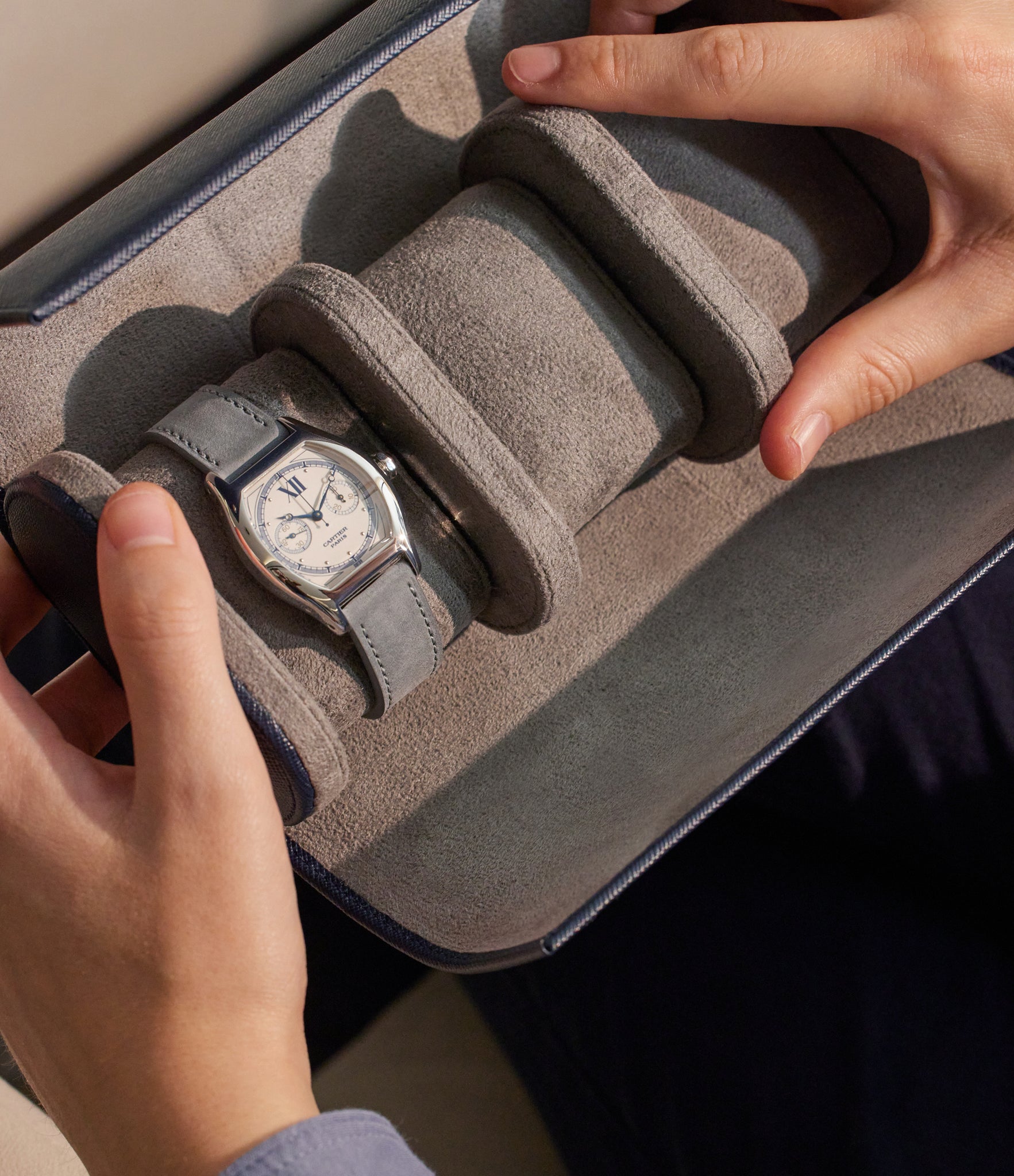 Paris, three-watch roll, midnight blue, saffiano leather | Buy at A Collected Man London