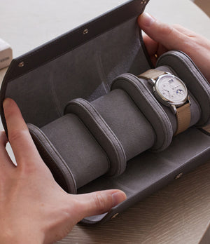 Watch Case | Three-watch oval-shaped roll in stone grey grained leather | A Collected Man | Available World Wide