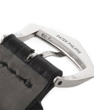 Patek Philippe Calatrava 5196G-001 18-carat white gold manual-winding pre-owned watch with silver dial and black strap