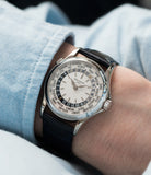 on the wrist Patek Philippe 5110G-001 white gold World-timer luxury dress watch online for sale at A Collected Man London specialist preowned luxury watches
