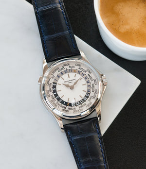 buy preowned luxury gents watch Patek Philippe 5110G-001 white gold World-timer luxury dress watch online for sale at A Collected Man London specialist preowned luxury watches