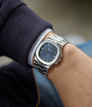 on the wrist Patek Philippe Nautilus 3700/001A steel sport watch full set for sale online at A Collected Man London UK specialist of rare vintage watches