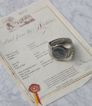 Archive Extract with vintage Patek Philippe Nautilus 3700/001A steel sport watch full set for sale online at A Collected Man London UK specialist of rare vintage watches