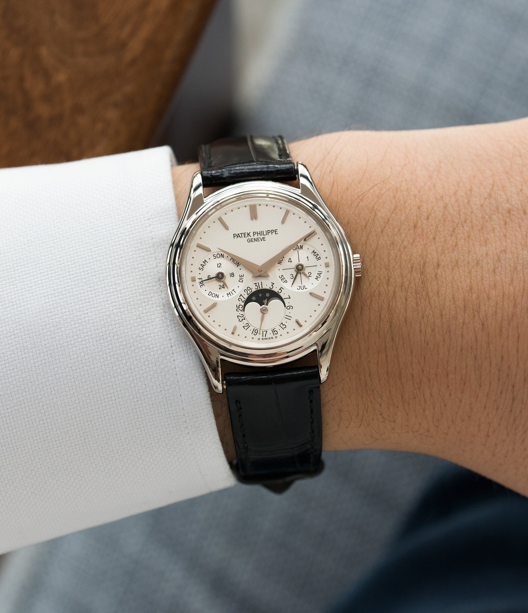 on the wrist Patek Philippe 3940G-017 Perpetual Calendar Moonphase white gold rare watch German dial full set online at A Collected Man London UK specialist rare luxury watches