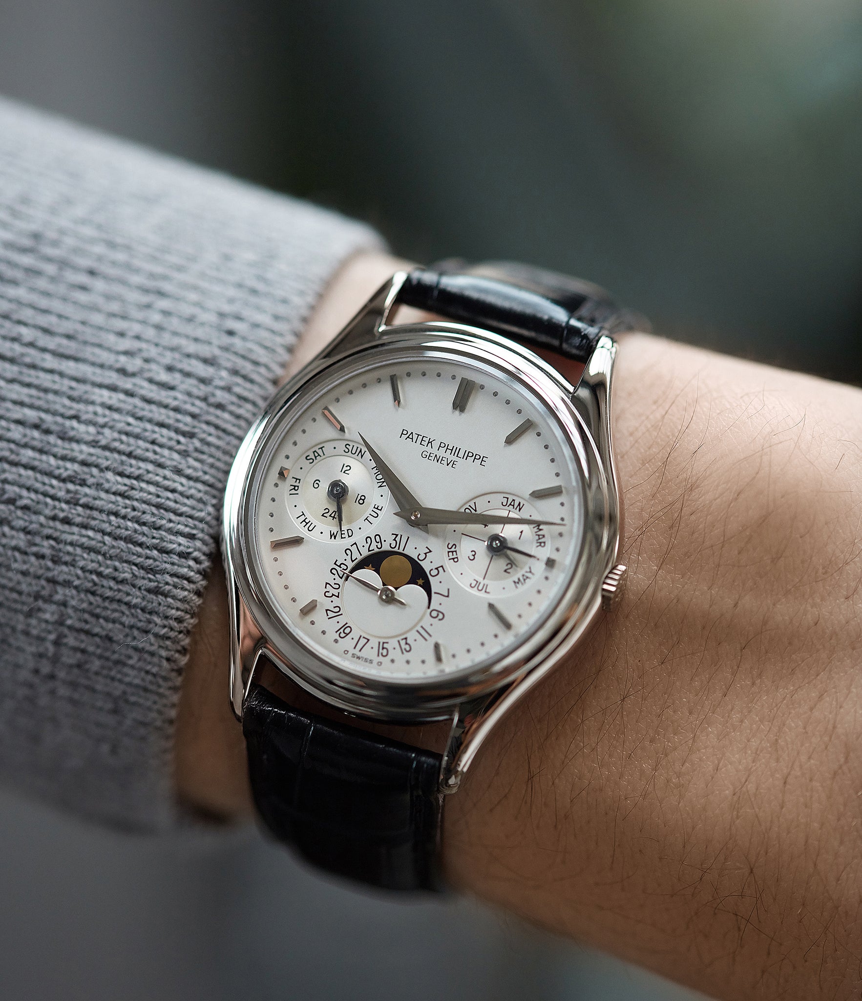 on the wrist Patek Philippe 3940G Perpetual Calendar vintage rare watch English dial for sale online at A Collected Man London UK specialist of rare watches