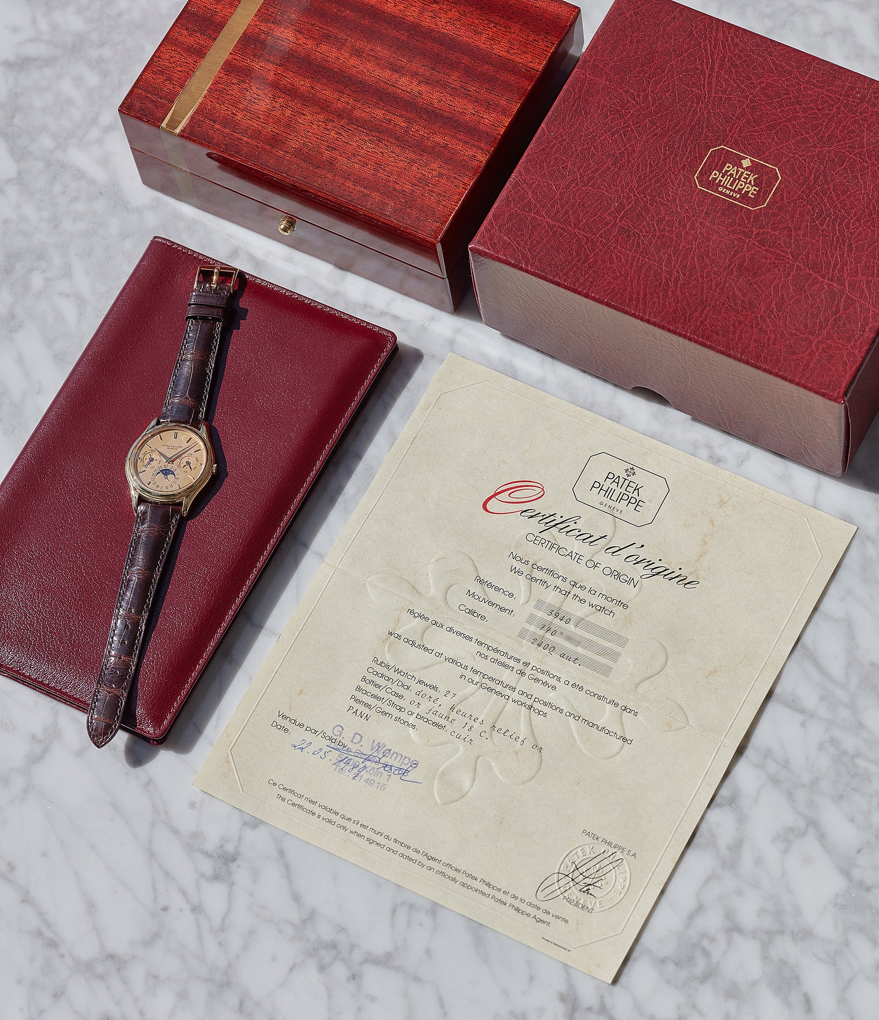 full set box papers archive extract vintage Patek Philippe 3940J perpetual calendar dress watch for sale online at A Collected Man London UK specialist of rare watches