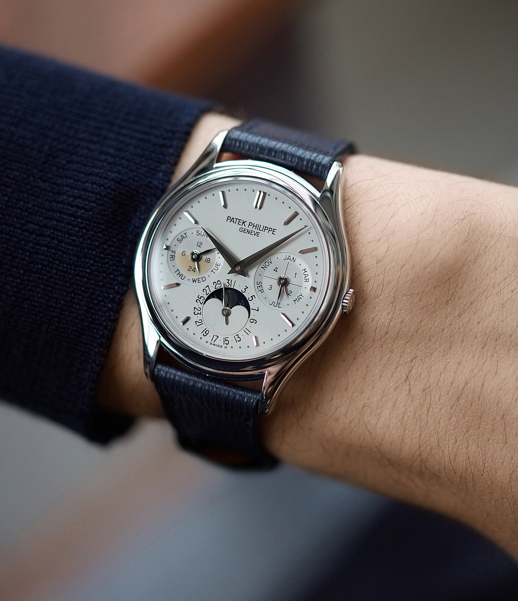hands on with Patek Philippe 3940P platinum perpetual calendar rare dress watch full set for sale online at A Collected Man London UK specialist of rare watches