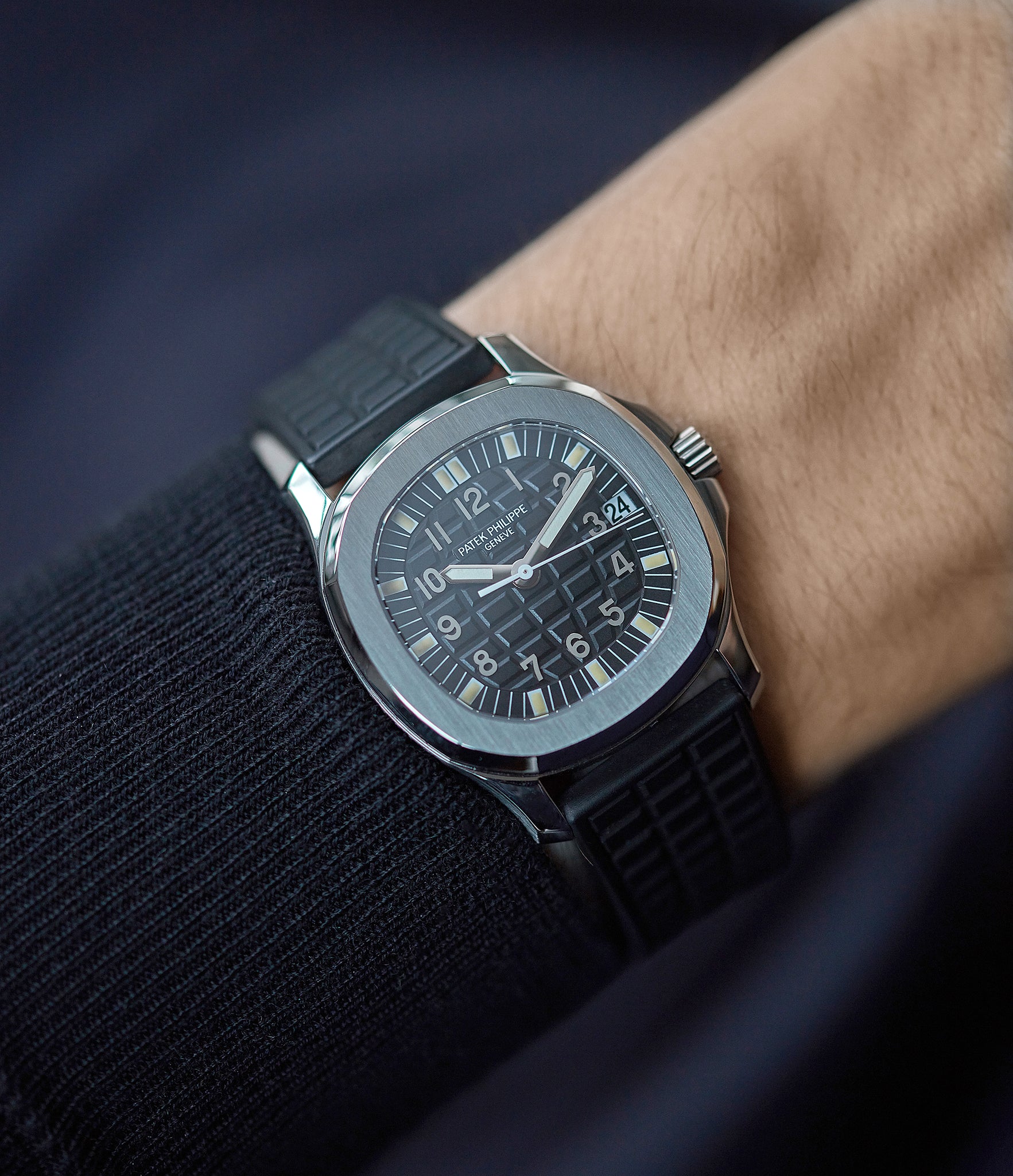 on the wrist Patek Philippe Aquanaut 5066A-001 steel sport watch rubber strap for sale online at A Colleted Man London UK specialist of rare watches