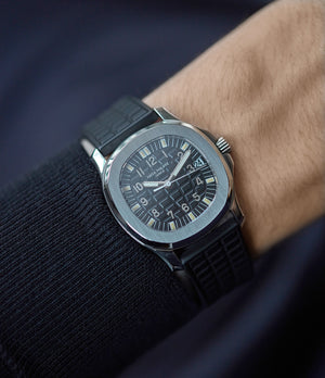 on the wrist Patek Philippe Aquanaut 5066A-001 steel sport watch rubber strap for sale online at A Colleted Man London UK specialist of rare watches
